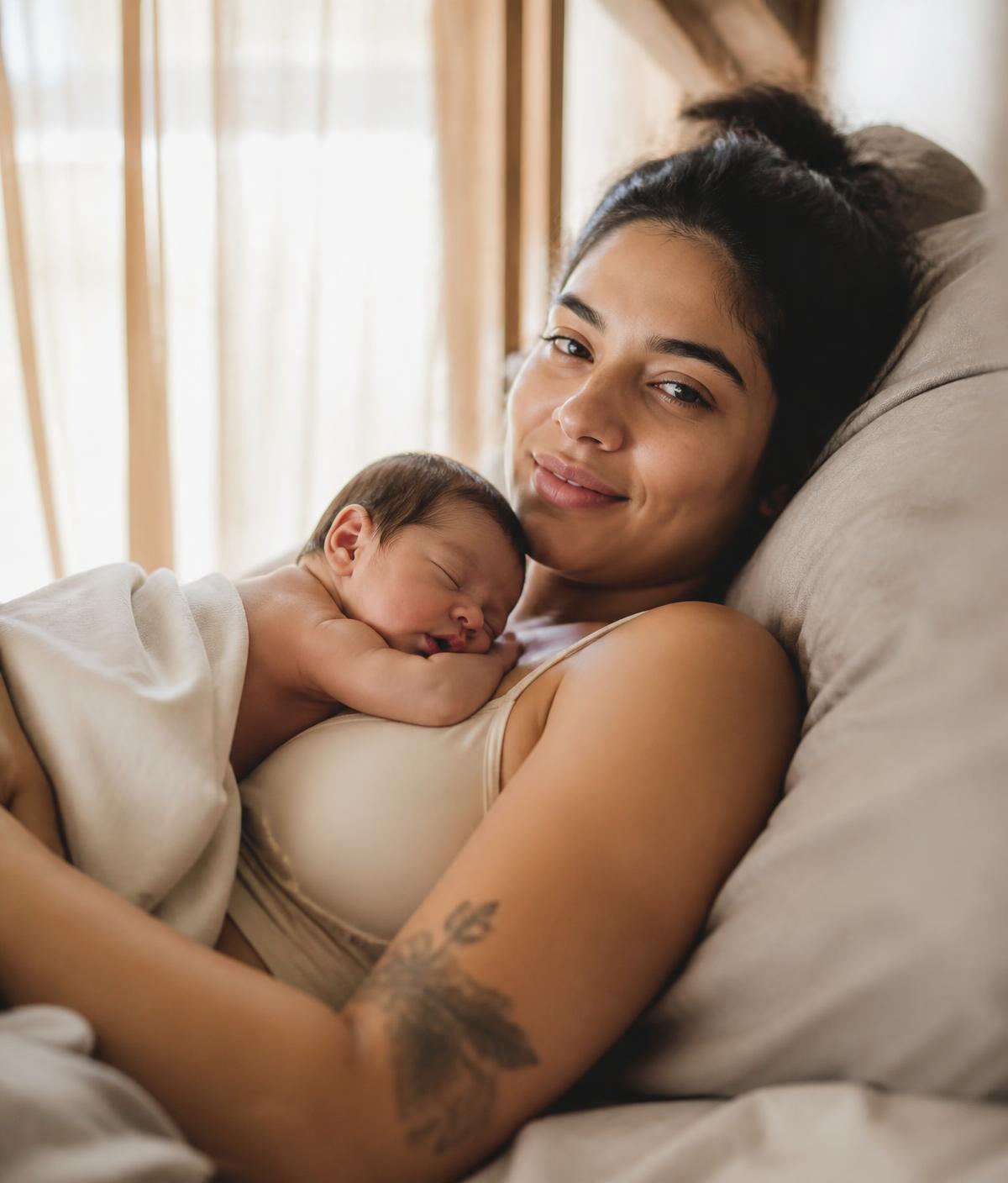 Mãe com o bebê recém-nascido no colo, em casa